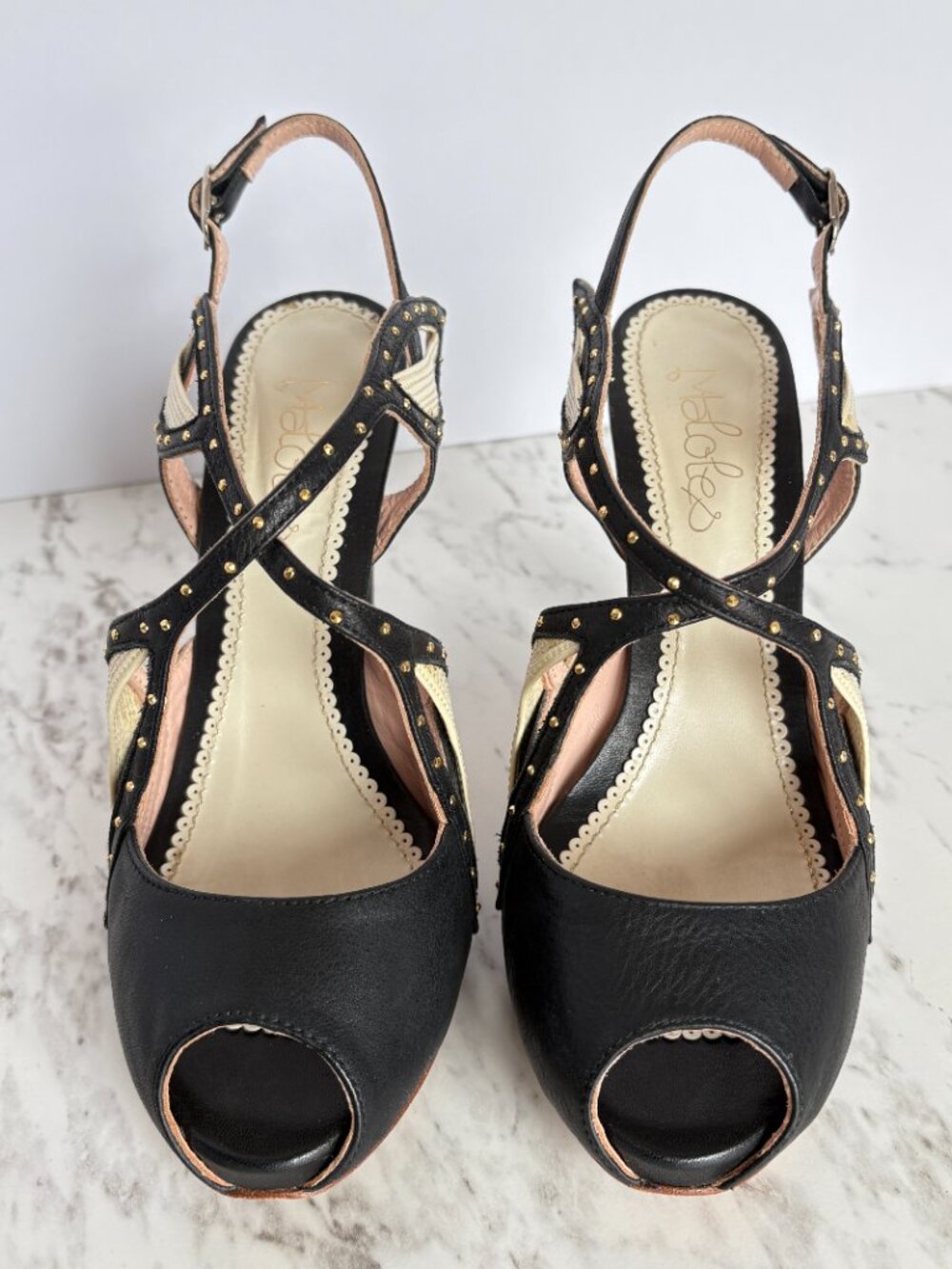 MALOLES Handmade in Spain Leather Peep Toe Heel US 6 Black